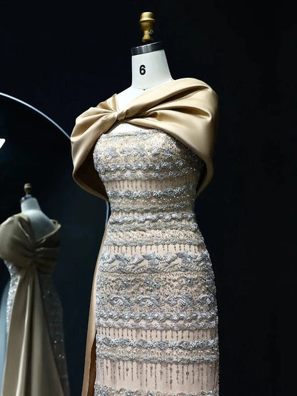 Elegant Sheath Prom Dresses Beaded Formal Dresses with Draped Train BD023-Evening Dresses 2025 -Viniodress-Light Green-US 2-