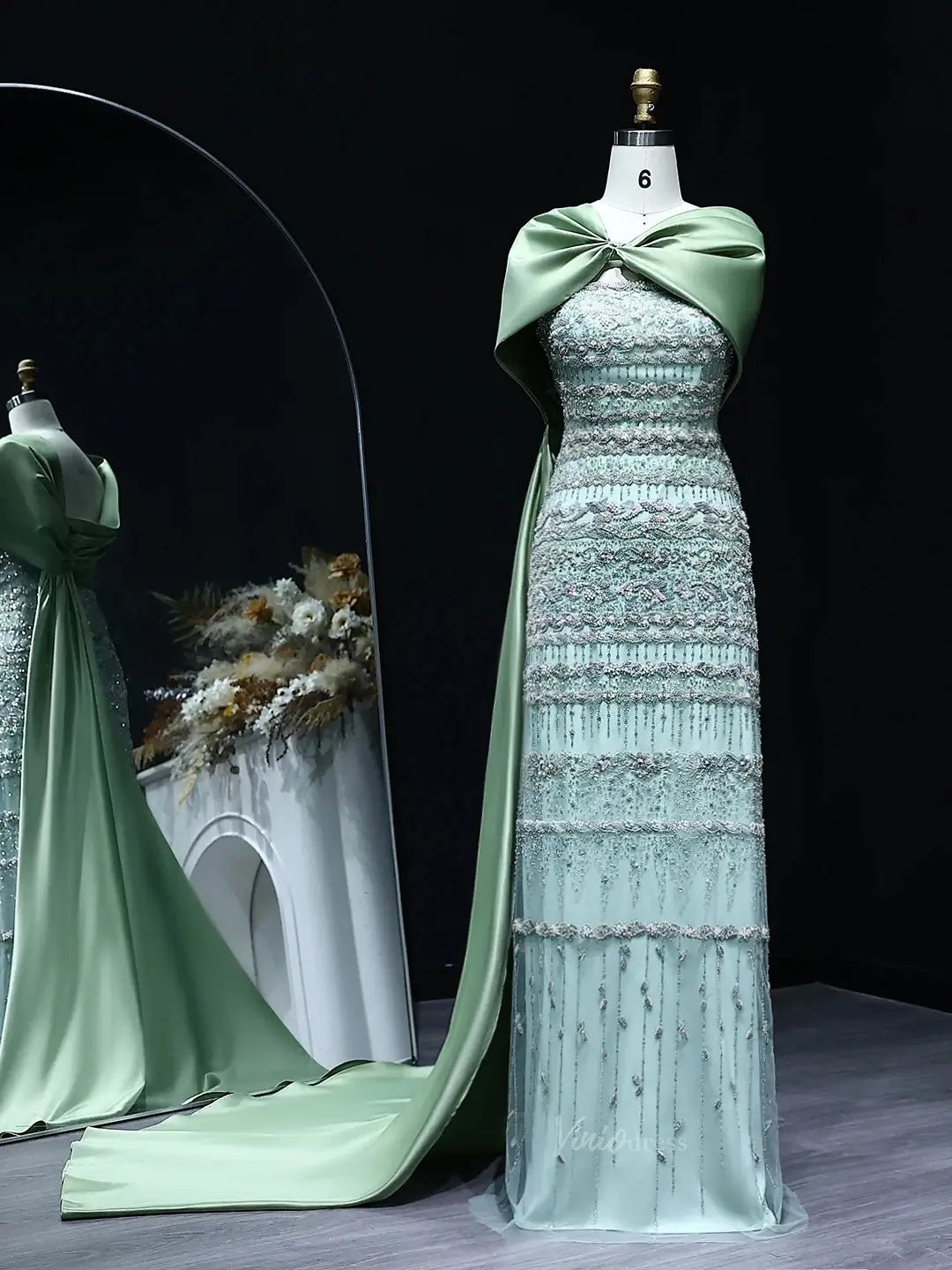 Elegant Sheath Prom Dresses Beaded Formal Dresses with Draped Train BD023-Evening Dresses 2025 -Viniodress-Light Green-US 2-