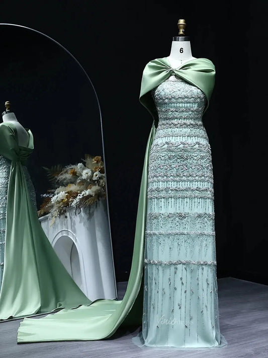 Elegant Sheath Prom Dresses Beaded Formal Dresses with Draped Train BD023-Evening Dresses 2025 -Viniodress-Light Green-US 2-