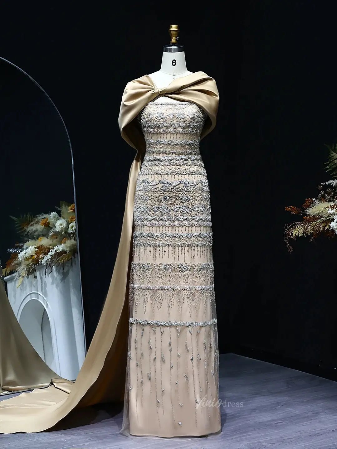 Elegant Sheath Prom Dresses Beaded Formal Dresses with Draped Train BD023-Evening Dresses 2025 -Viniodress-Nude-US 2-