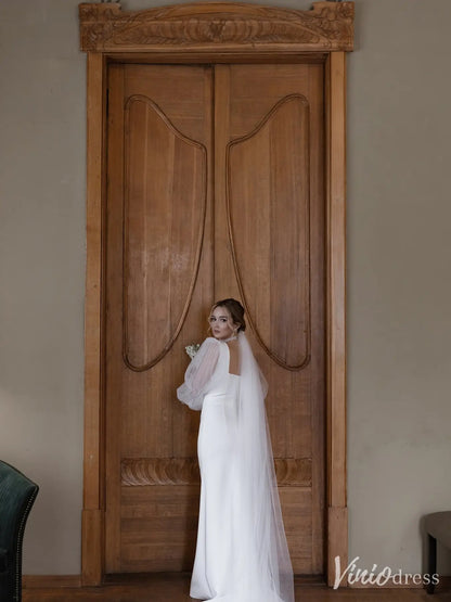 Elegant Sheath Wedding Dress with Square Neckline, Puff Tulle Sleeves – Style VW2595-wedding dresses 2025 -Viniodress-Ivory-Custom Size-