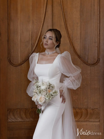 Elegant Sheath Wedding Dress with Square Neckline, Puff Tulle Sleeves – Style VW2595-wedding dresses 2025 -Viniodress-Ivory-Custom Size-