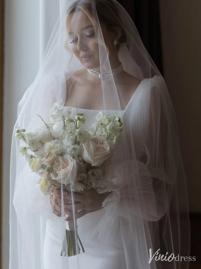 Elegant Sheath Wedding Dress with Square Neckline, Puff Tulle Sleeves – Style VW2595-wedding dresses 2025 -Viniodress-Ivory-Custom Size-