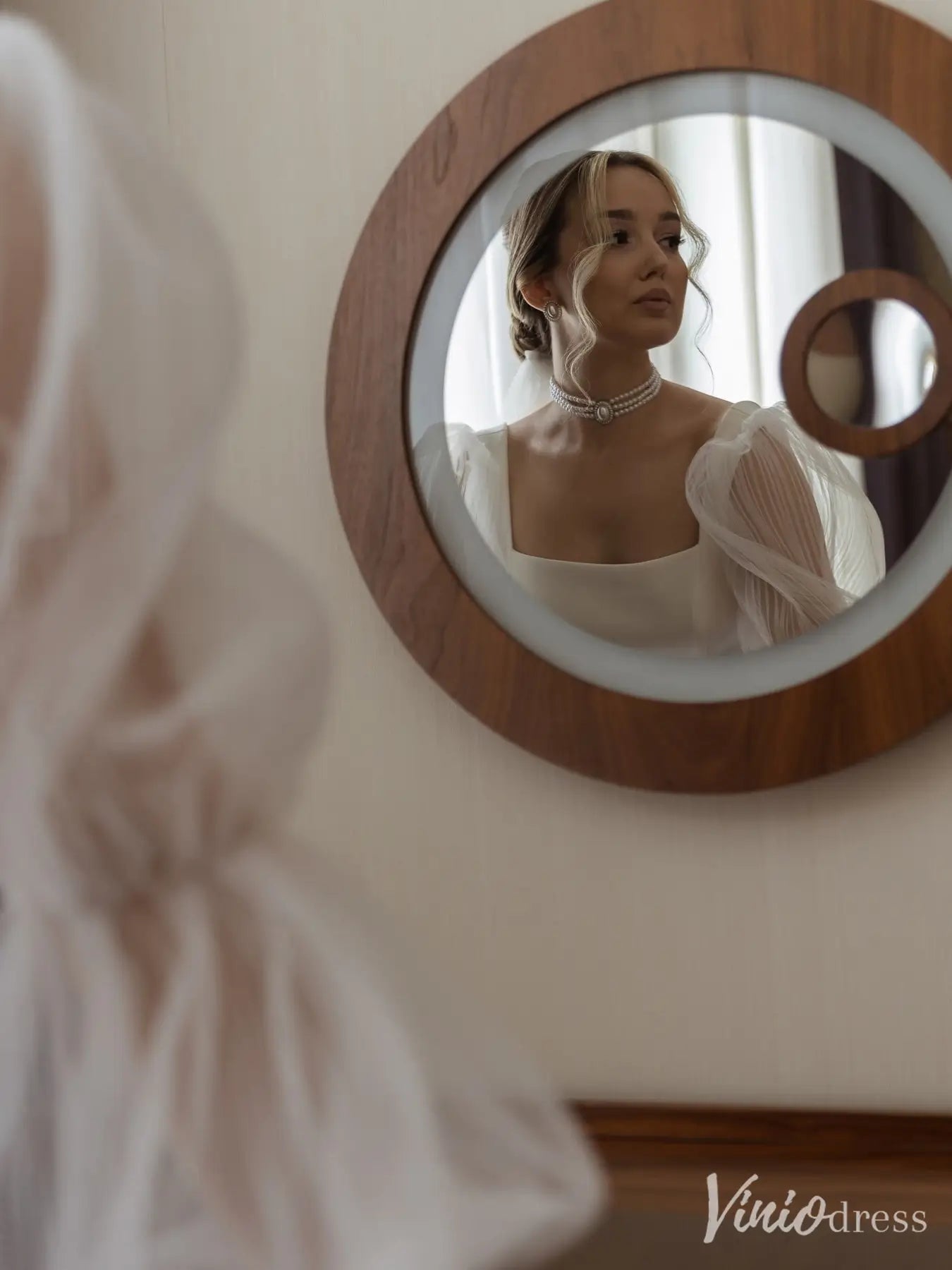 Elegant Sheath Wedding Dress with Square Neckline, Puff Tulle Sleeves – Style VW2595-wedding dresses 2025 -Viniodress-Ivory-Custom Size-