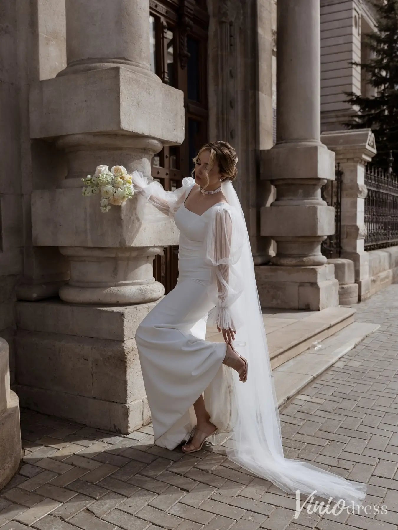 Elegant Sheath Wedding Dress with Square Neckline, Puff Tulle Sleeves – Style VW2595-wedding dresses 2025 -Viniodress-Ivory-Custom Size-