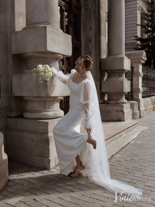 Elegant Sheath Wedding Dress with Square Neckline, Puff Tulle Sleeves – Style VW2595-wedding dresses 2025 -Viniodress-Ivory-Custom Size-