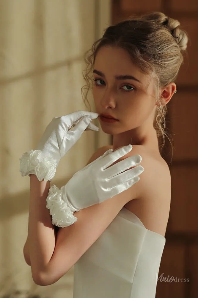 Elegant Short Satin Bridal Gloves with Floral Cuff WG141-Bridal Gloves 2026-Viniodress-Ivory-
