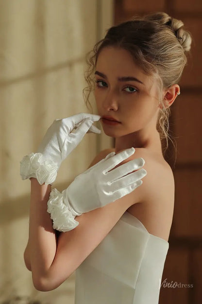 Elegant Short Satin Bridal Gloves with Floral Cuff WG141-Bridal Gloves 2026-Viniodress-Ivory-