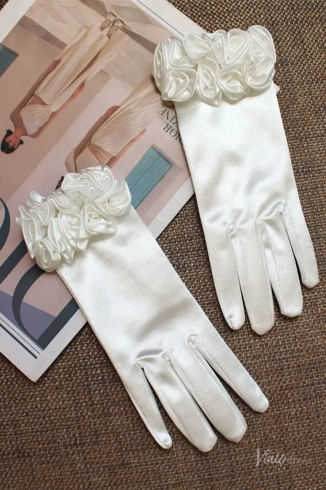 Elegant Short Satin Bridal Gloves with Floral Cuff WG141-Bridal Gloves 2026-Viniodress-Ivory-