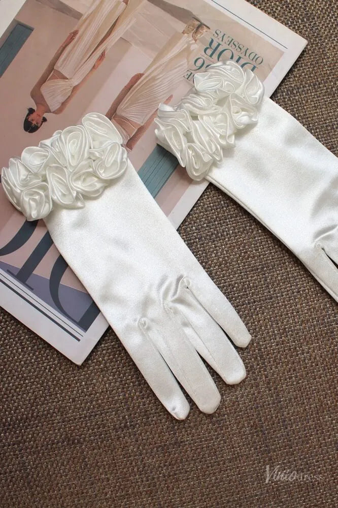 Elegant Short Satin Bridal Gloves with Floral Cuff WG141-Bridal Gloves 2026-Viniodress-Ivory-
