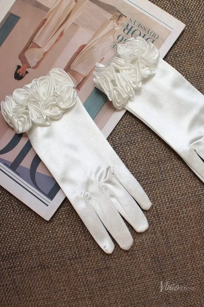 Elegant Short Satin Bridal Gloves with Floral Cuff WG141-Bridal Gloves 2026-Viniodress-Ivory-