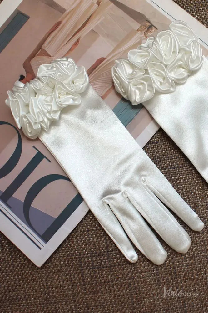 Elegant Short Satin Bridal Gloves with Floral Cuff WG141-Bridal Gloves 2026-Viniodress-Ivory-