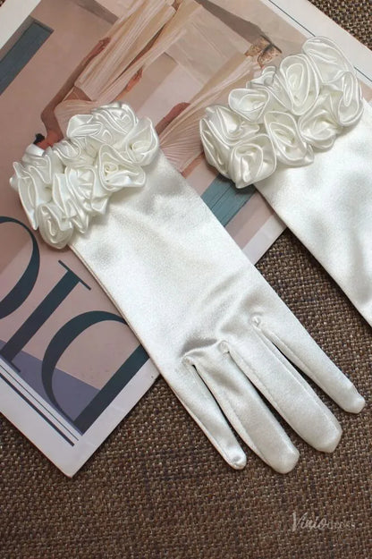 Elegant Short Satin Bridal Gloves with Floral Cuff WG141-Bridal Gloves 2026-Viniodress-Ivory-
