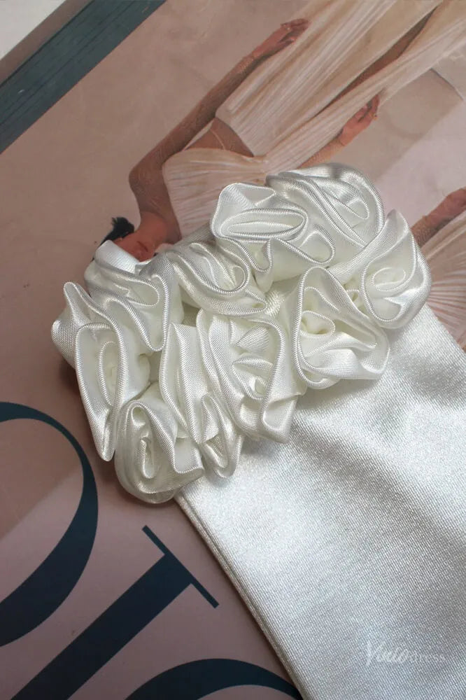 Elegant Short Satin Bridal Gloves with Floral Cuff WG141-Bridal Gloves 2026-Viniodress-Ivory-