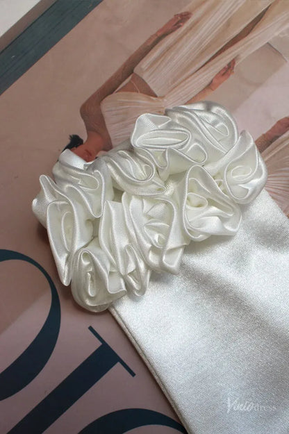 Elegant Short Satin Bridal Gloves with Floral Cuff WG141-Bridal Gloves 2026-Viniodress-Ivory-