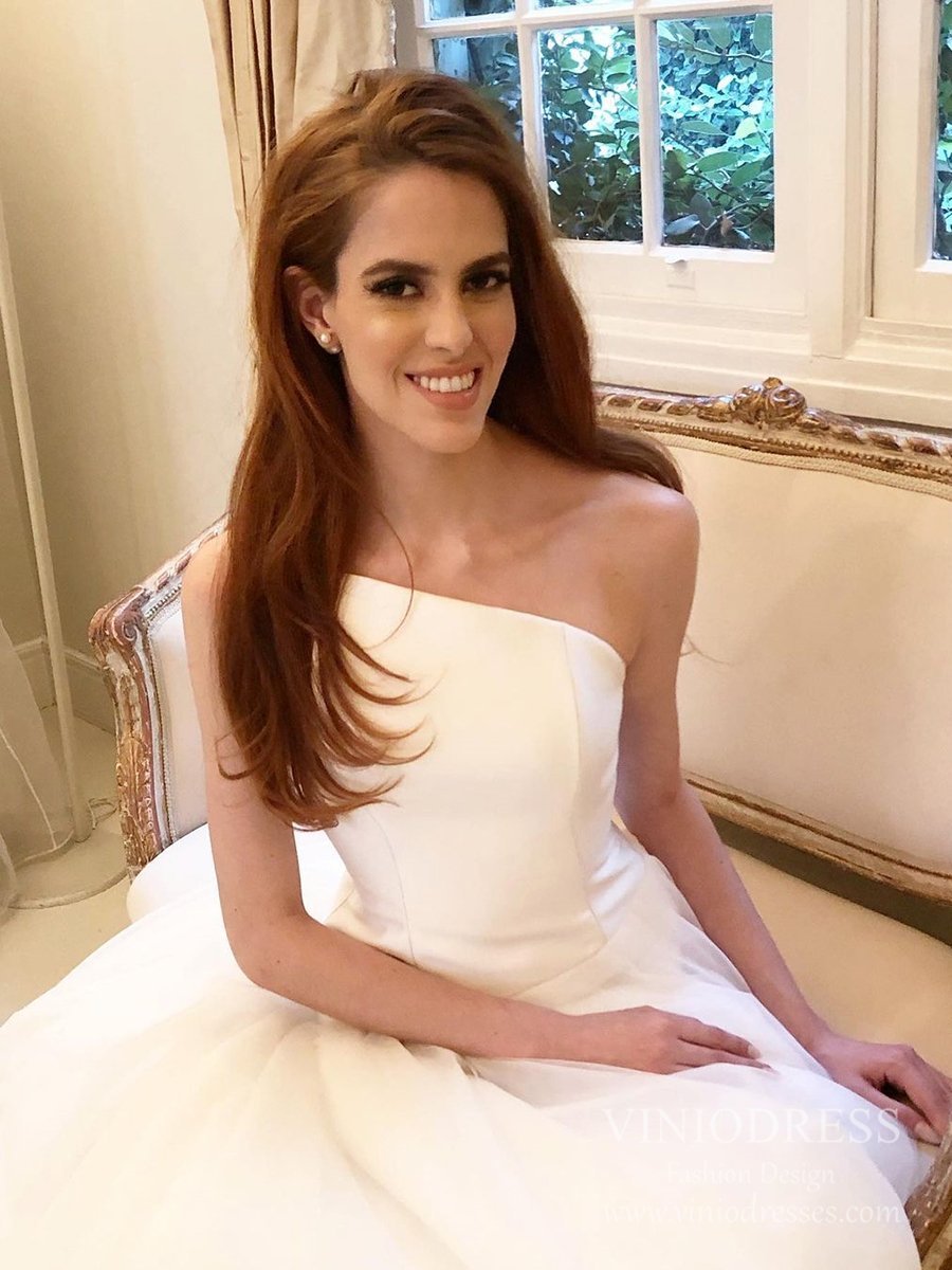 Elegant Simple Strapless Tulle Wedding Dresses Chapel Train VW1839-wedding dresses 2025 -Viniodress-Ivory-Custom Size-