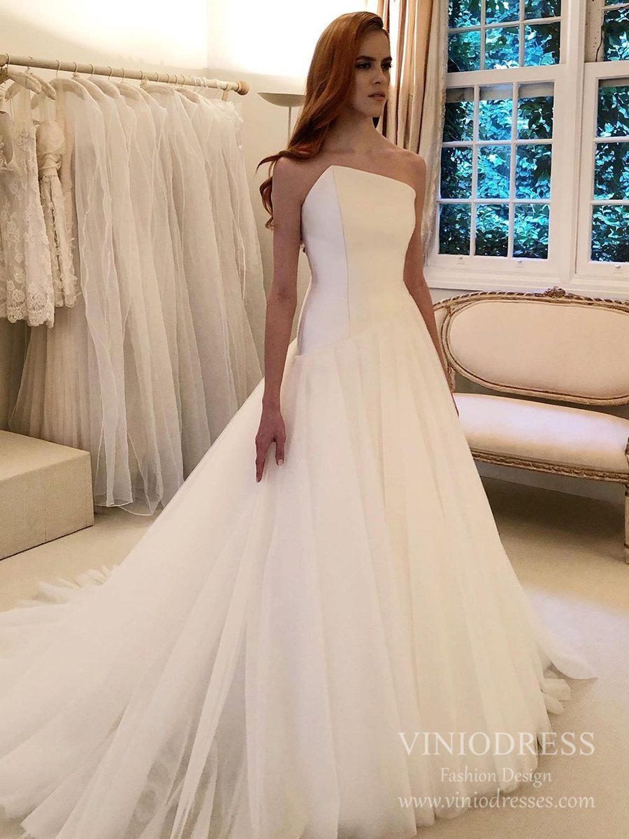 Elegant Simple Strapless Tulle Wedding Dresses Chapel Train VW1839-wedding dresses 2025 -Viniodress-Ivory-Custom Size-