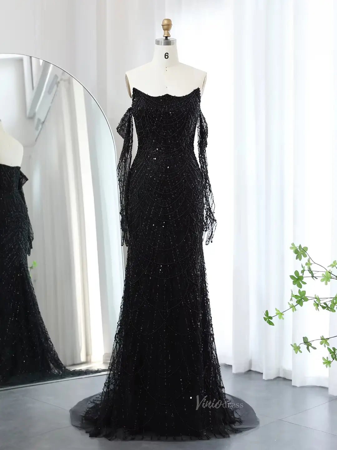 Elegant Sparkle Prom Dresses Luxury Beaded Formal Dresses with Long Sleeves BD045-Evening Dresses 2025 -Viniodress-Black-US 2-