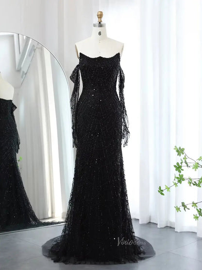 Elegant Sparkle Prom Dresses Luxury Beaded Formal Dresses with Long Sleeves BD045-Evening Dresses 2025 -Viniodress-Black-US 2-