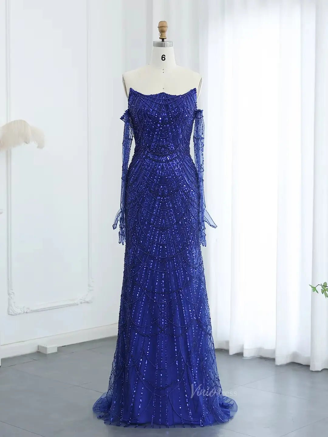 Elegant Sparkle Prom Dresses Luxury Beaded Formal Dresses with Long Sleeves BD045-Evening Dresses 2025 -Viniodress-Blue-US 2-