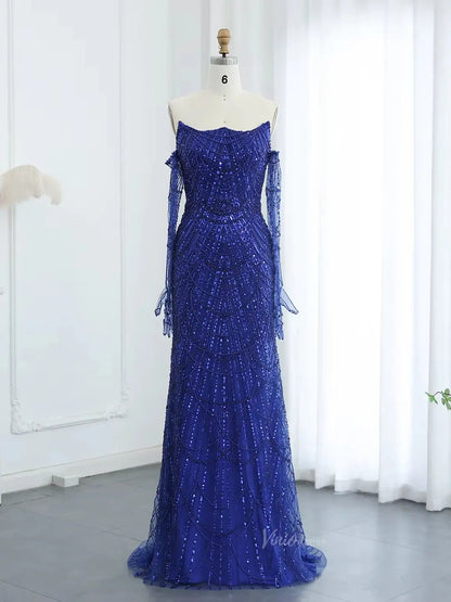 Elegant Sparkle Prom Dresses Luxury Beaded Formal Dresses with Long Sleeves BD045-Evening Dresses 2025 -Viniodress-Blue-US 2-