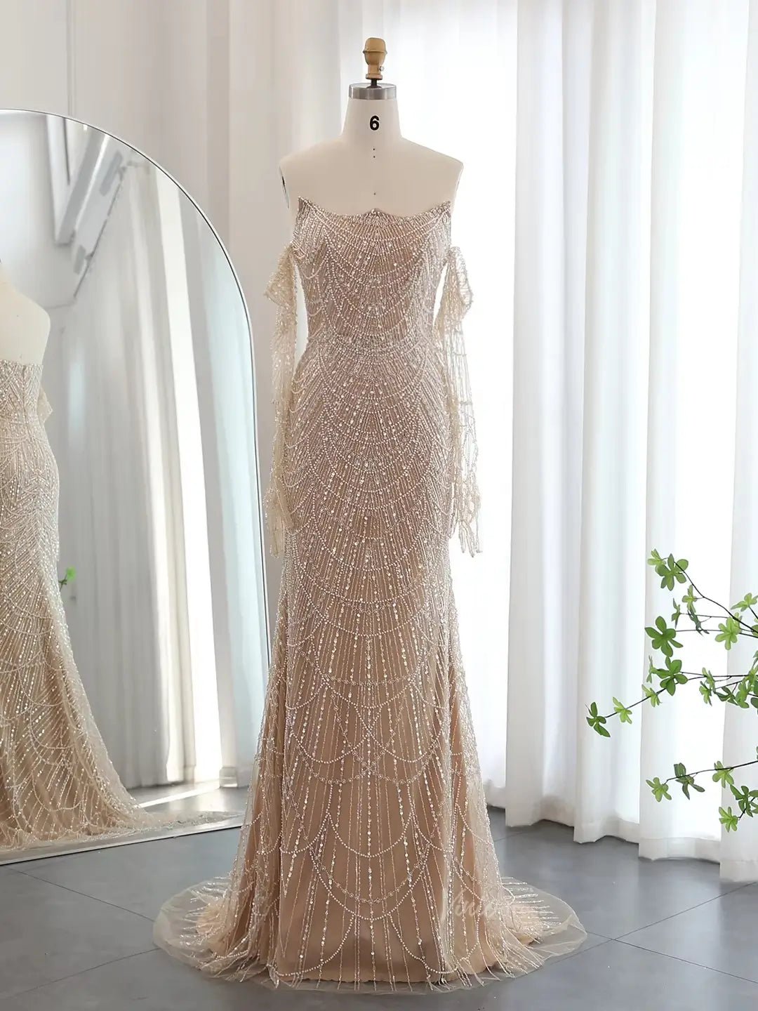 Elegant Sparkle Prom Dresses Luxury Beaded Formal Dresses with Long Sleeves BD045-Evening Dresses 2025 -Viniodress-Champagne-US 2-