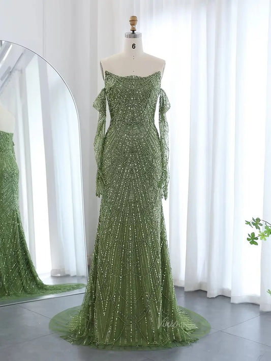 Elegant Sparkle Prom Dresses Luxury Beaded Formal Dresses with Long Sleeves BD045-Evening Dresses 2025 -Viniodress-Olive Green-US 2-