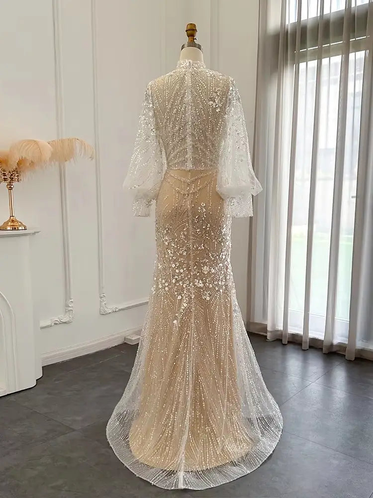 Elegant Sparkly Prom Dresses Puffed Sleeve Formal Dresses High Neck BD038-Evening Dresses 2025 -Viniodress-Lined-Champagne-US 2