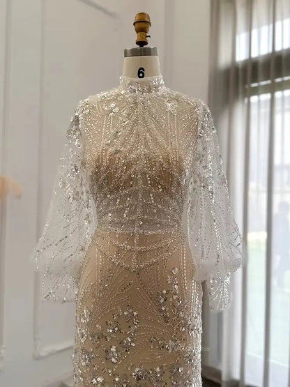Elegant Sparkly Prom Dresses Puffed Sleeve Formal Dresses High Neck BD038-Evening Dresses 2025 -Viniodress-Lined-Champagne-US 2