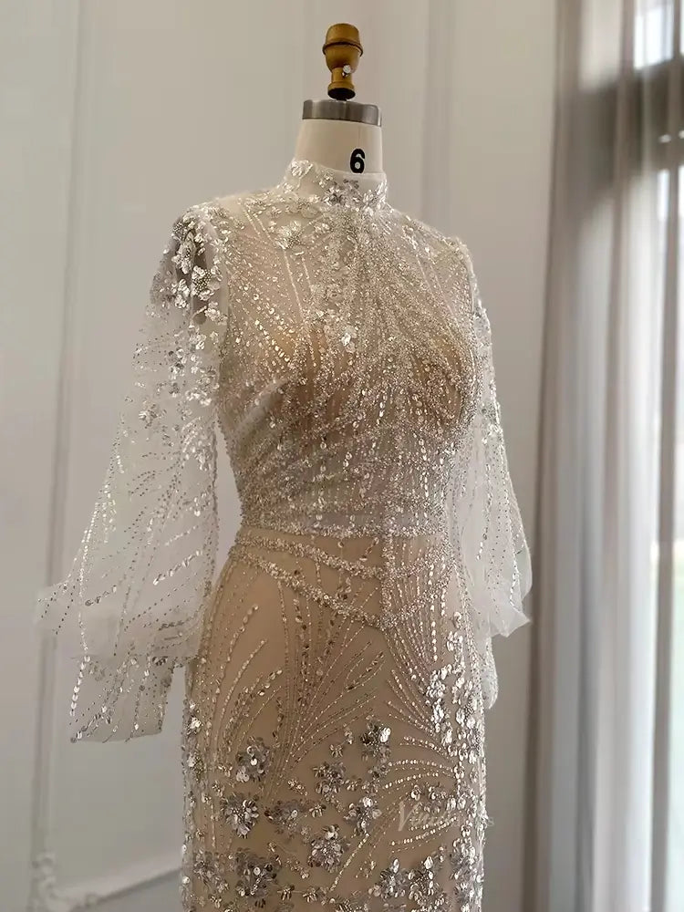 Elegant Sparkly Prom Dresses Puffed Sleeve Formal Dresses High Neck BD038-Evening Dresses 2025 -Viniodress-Lined-Champagne-US 2