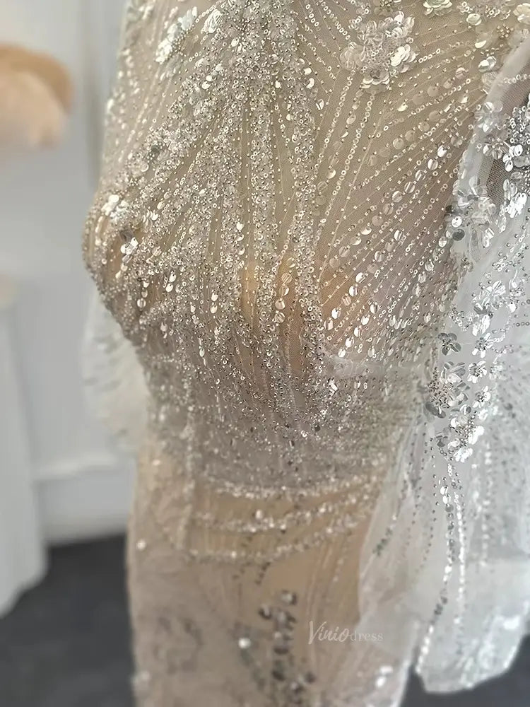 Elegant Sparkly Prom Dresses Puffed Sleeve Formal Dresses High Neck BD038-Evening Dresses 2025 -Viniodress-Lined-Champagne-US 2