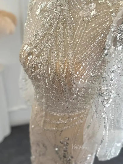 Elegant Sparkly Prom Dresses Puffed Sleeve Formal Dresses High Neck BD038-Evening Dresses 2025 -Viniodress-Lined-Champagne-US 2