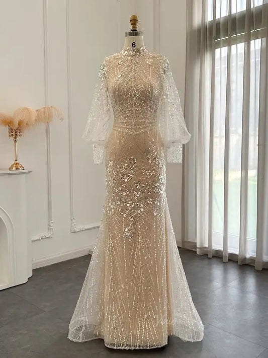 prom dresses 2025 Elegant Sparkly Prom Dresses Puffed Sleeve Formal Dresses High Neck BD038-plus size wedding dresses Viniodress-Lined-Champagne-US 2