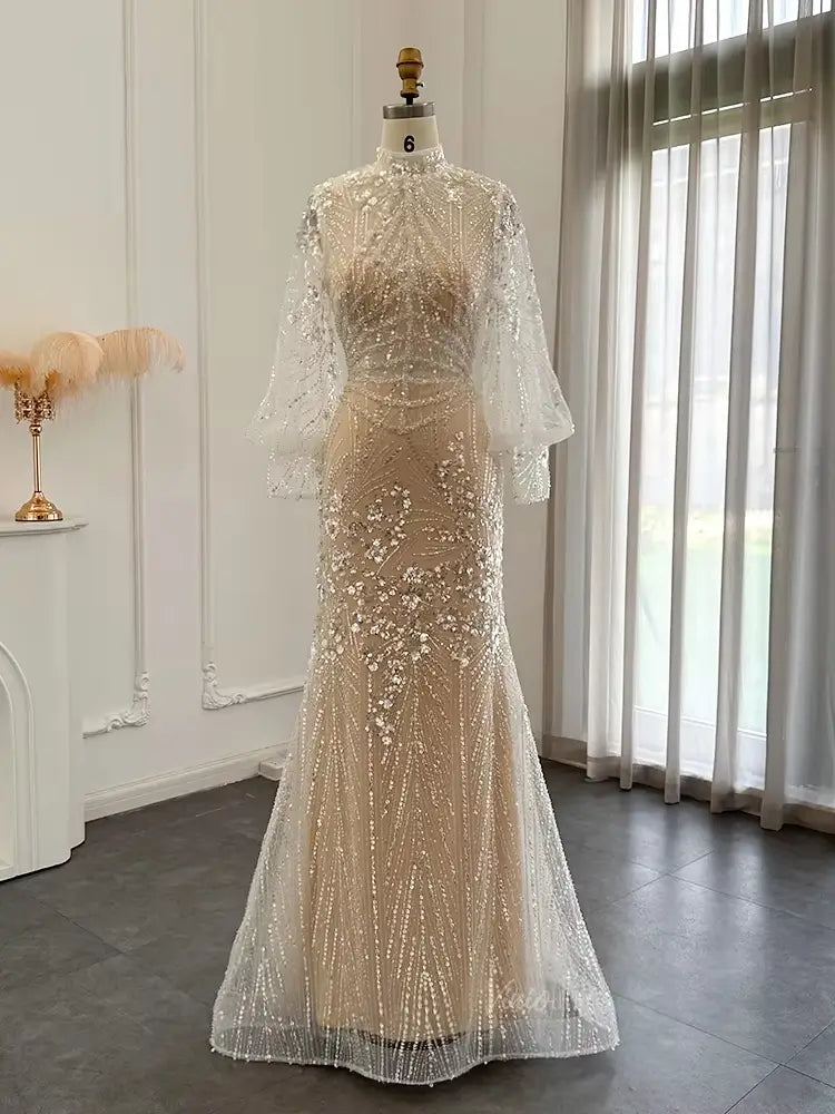 prom dresses 2025 Elegant Sparkly Prom Dresses Puffed Sleeve Formal Dresses High Neck BD038-plus size wedding dresses Viniodress-Lined-Champagne-US 2