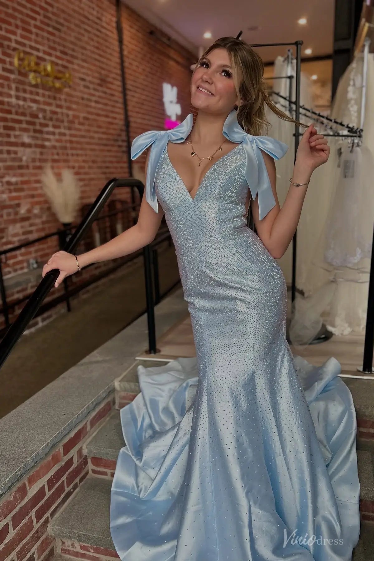 Sparkly Bow Strap Mermaid Prom Dress with V Neck & Low Back SS198 Viniodress Sparkly Bow Strap Mermaid Prom Dress with V Neck & Low Back SS198 Viniodress