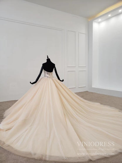Elegant Strapless Champagne Tulle Wedding Dresses Ball Gown VW1592-wedding dresses 2025 -Viniodress-Champagne-Custom Size-