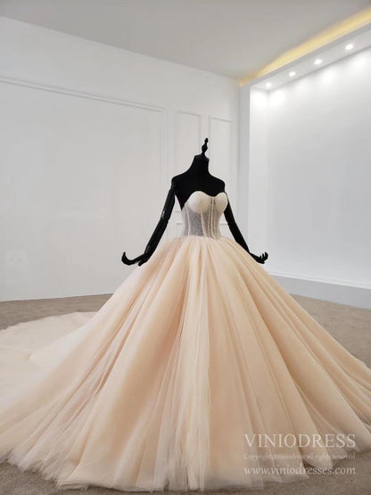 Elegant Strapless Champagne Tulle Wedding Dresses Ball Gown VW1592-wedding dresses 2025 -Viniodress-Champagne-Custom Size-