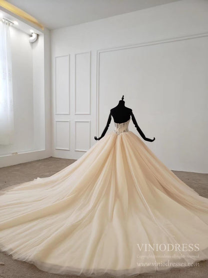Elegant Strapless Champagne Tulle Wedding Dresses Ball Gown VW1592-wedding dresses 2025 -Viniodress-Champagne-Custom Size-