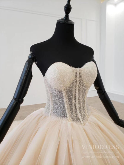 Elegant Strapless Champagne Tulle Wedding Dresses Ball Gown VW1592-wedding dresses 2025 -Viniodress-Champagne-Custom Size-