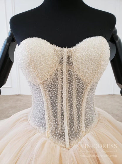 Elegant Strapless Champagne Tulle Wedding Dresses Ball Gown VW1592-wedding dresses 2025 -Viniodress-Champagne-Custom Size-