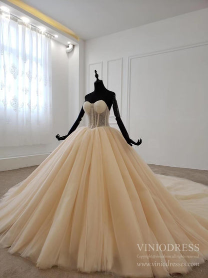 Elegant Strapless Champagne Tulle Wedding Dresses Ball Gown VW1592-wedding dresses 2025 -Viniodress-Champagne-Custom Size-