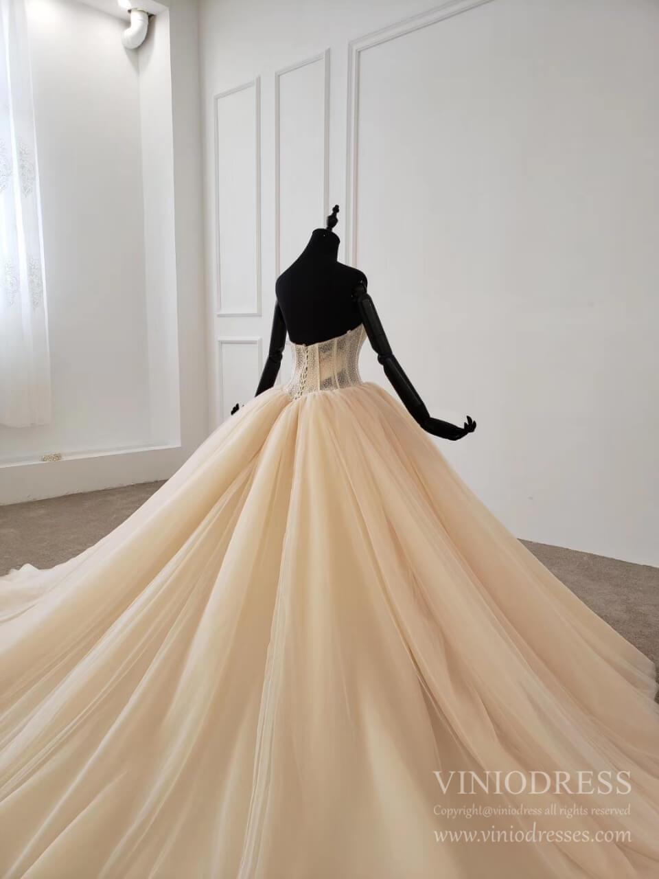 Elegant Strapless Champagne Tulle Wedding Dresses Ball Gown VW1592-wedding dresses 2025 -Viniodress-Champagne-Custom Size-