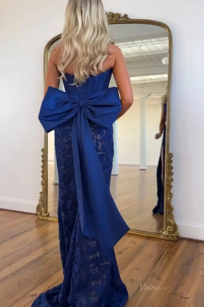 Elegant Strapless Lace Mermaid Prom Dress with Satin Corset Bodice, Oversized Bow Back & High Slit – LP047-Prom Dresses 2026-Viniodress-Light Blue-US 0-