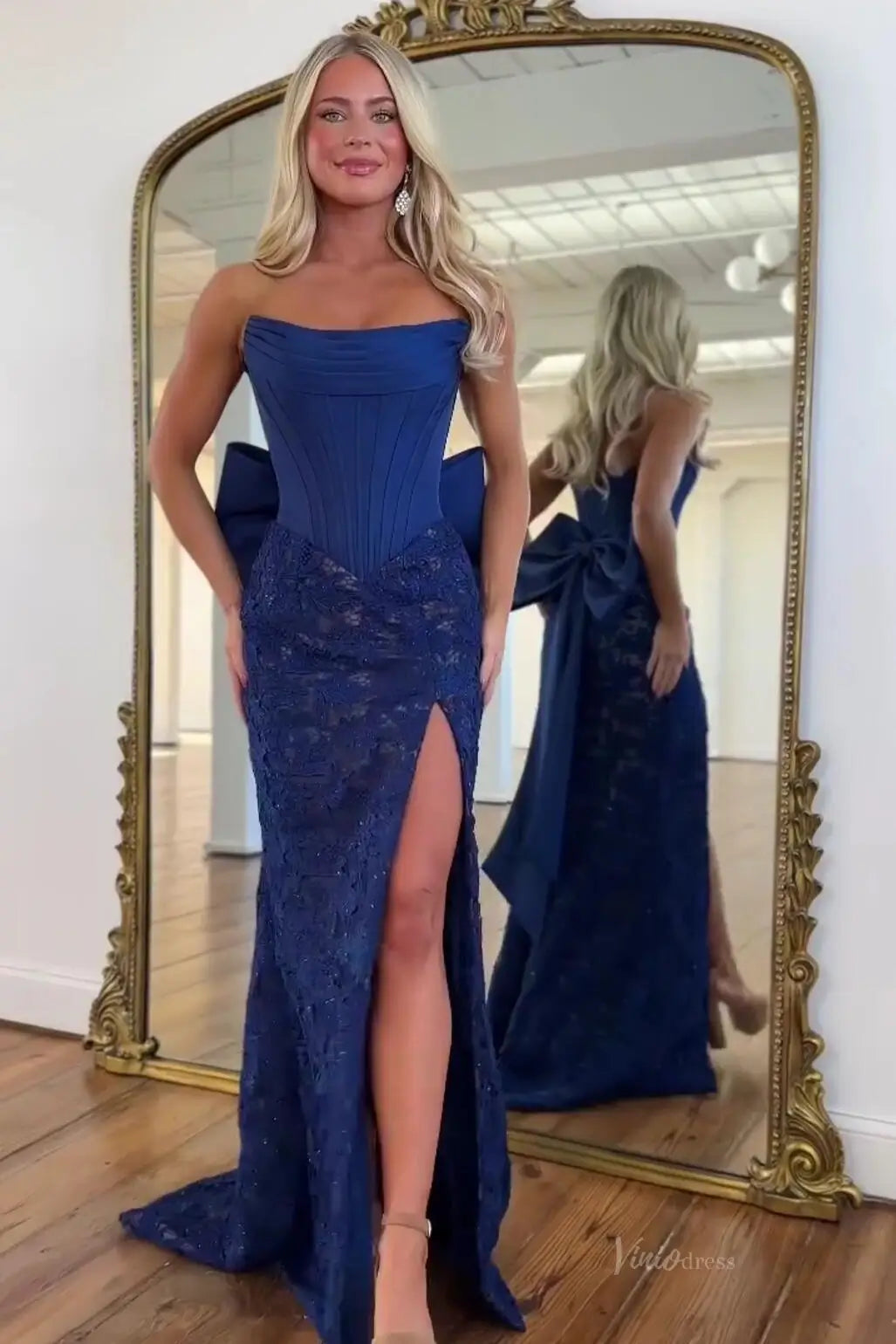 Elegant Strapless Lace Mermaid Prom Dress with Satin Corset Bodice, Oversized Bow Back & High Slit – LP047-Prom Dresses 2026-Viniodress-Navy-US 0-