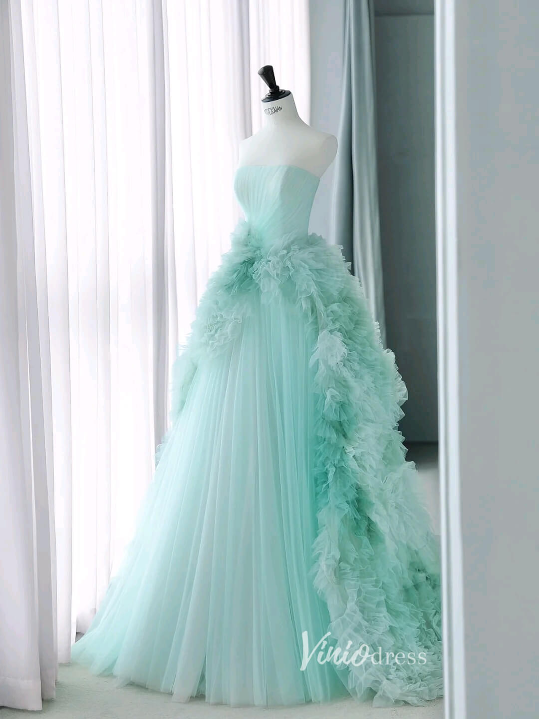 Elegant Strapless Prom Dresses Tiered Formal Dress AD1042-prom dresses-Viniodress-Aqua-Custom Size-Viniodress