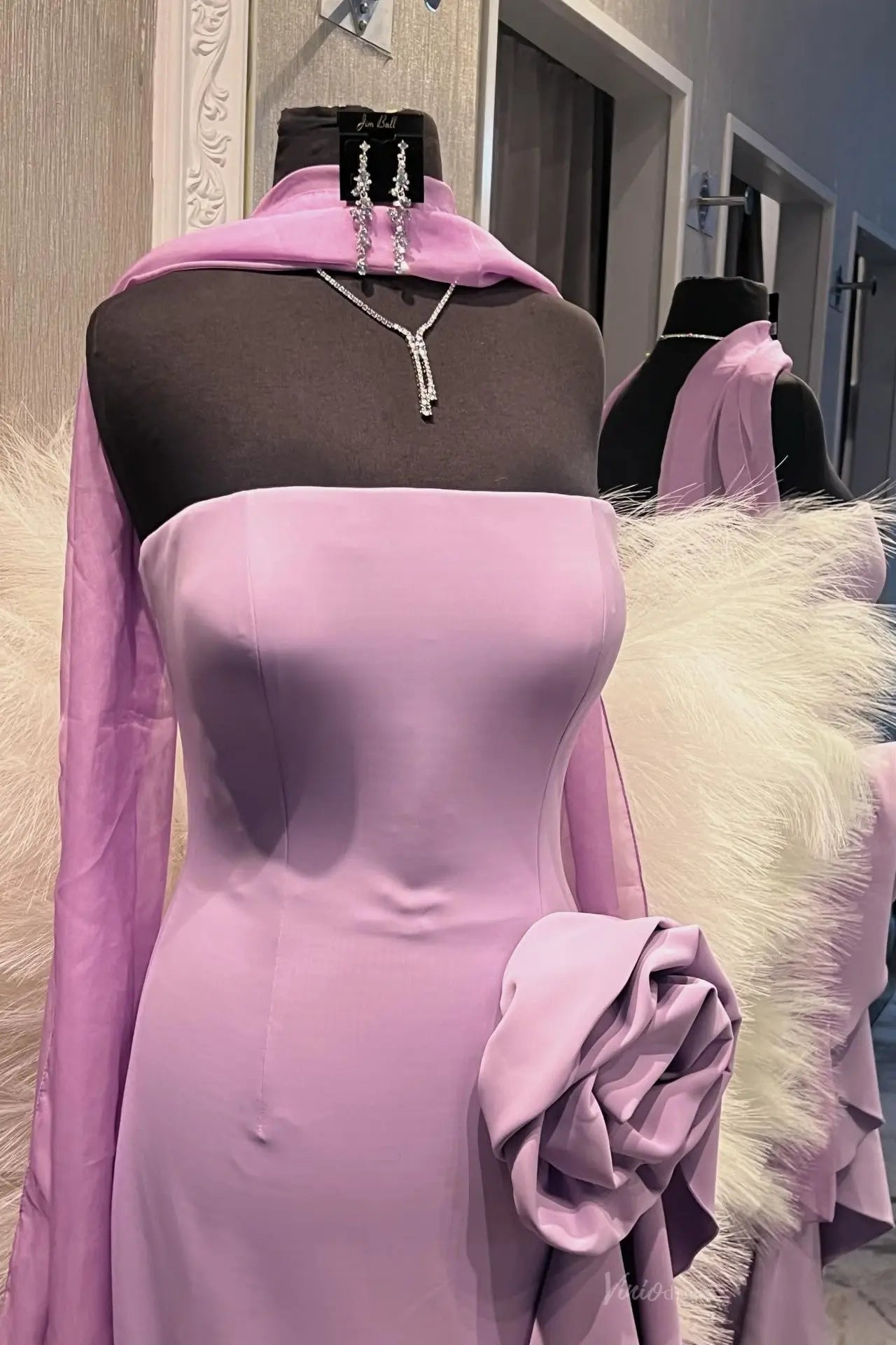 Elegant Strapless Satin Formal Gown with 3D Rose & Side Ruffle Drape – MM014-Evening Dresses 2026-Viniodress-Mauve-Custom Size-