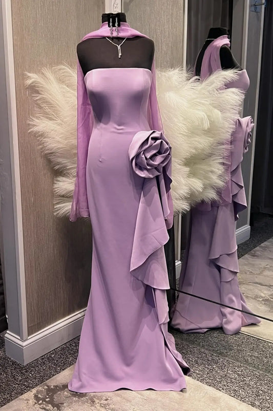 Elegant Strapless Satin Formal Gown with 3D Rose & Side Ruffle Drape – MM014-Evening Dresses 2026-Viniodress-Mauve-Custom Size-
