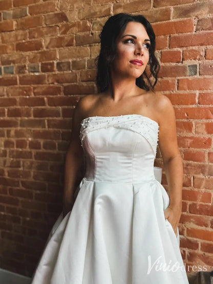 Elegant Strapless Satin Wedding Dress with Pearl Bow, Buttons Down Back & Pockets – VW2614-wedding dresses 2025 -Viniodress-Ivory-Custom Size-