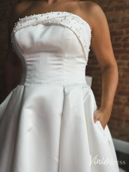 Elegant Strapless Satin Wedding Dress with Pearl Bow, Buttons Down Back & Pockets – VW2614-wedding dresses 2025 -Viniodress-Ivory-Custom Size-