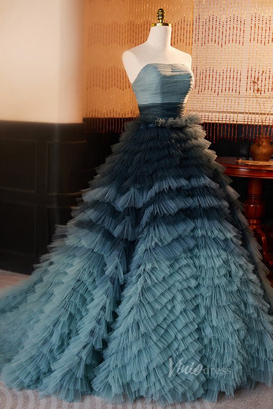 Elegant Tiered Prom Dresses Strapless Pleated Evening Dress AD1065-prom dresses 2025 -Viniodress-Blue-Custom Size-